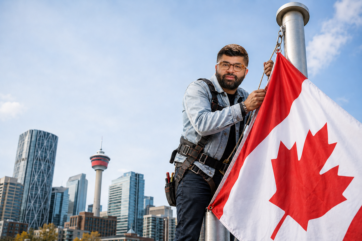A flag installer attaching a large Canadian flag to a tall flagpole